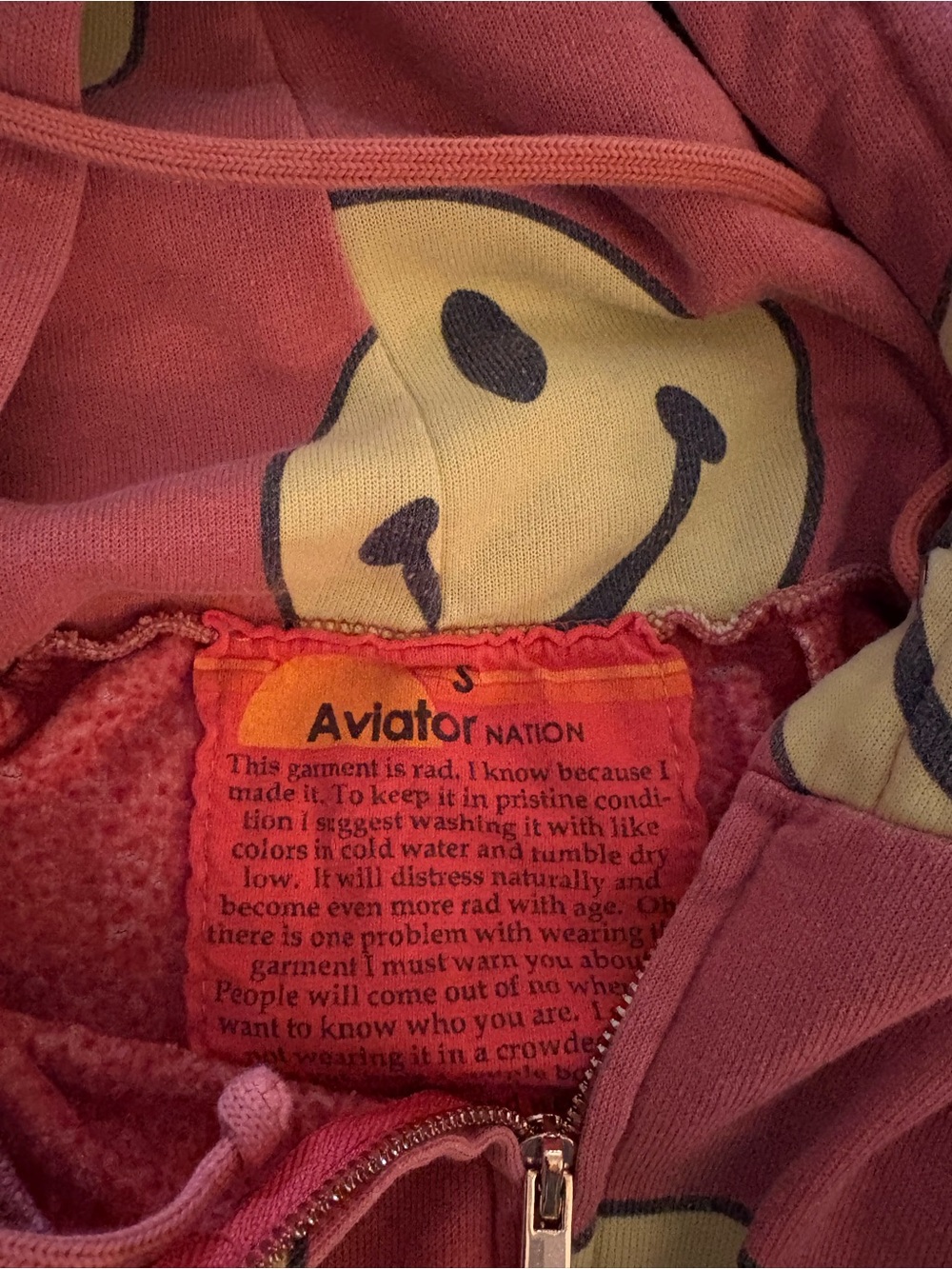 Aviator Nation women Zip Hoodie in Pink with Yellow Smiley Faces - Picture 4 of 4
